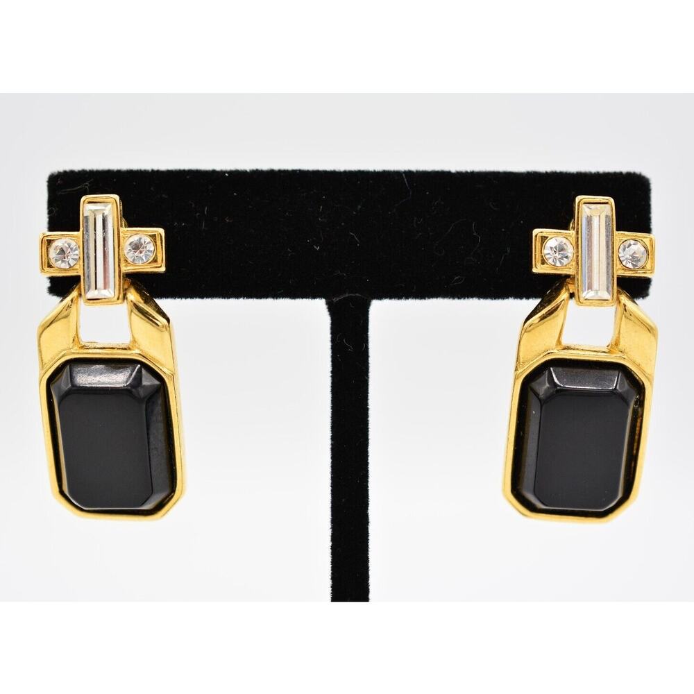 Trifari Vintage Crystal Earrings Black White Baguette Gold Chunky Signed BinAG